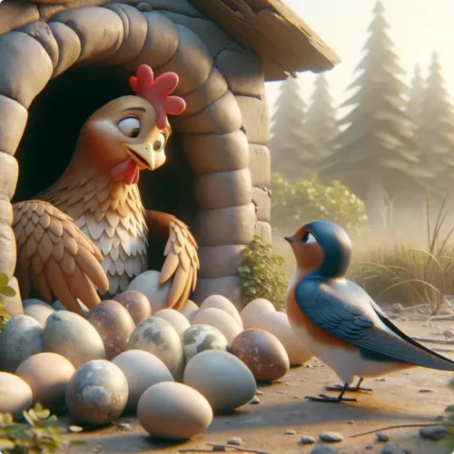 Colorful illustration of The Hen and The Swallow - a fable