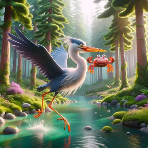 Colorful illustration of The Heron and the Crab - a fable