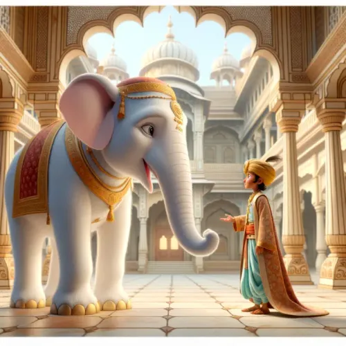 Colorful illustration of The King's White Elephant - a fable