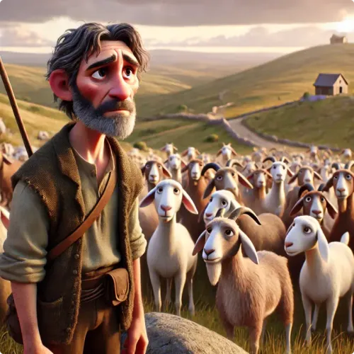 Colorful illustration of The Goatherd and the Wild Goats - a fable