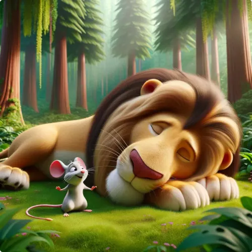 Colorful illustration of El León y el Ratón - a fable