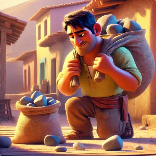 Colorful illustration of The Two Bags - a fable