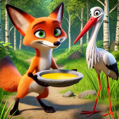 Colorful illustration of El Zorro y la Cigüeña - a fable