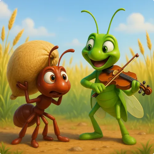 Colorful illustration of A Cigarra e a Formiga - a fable