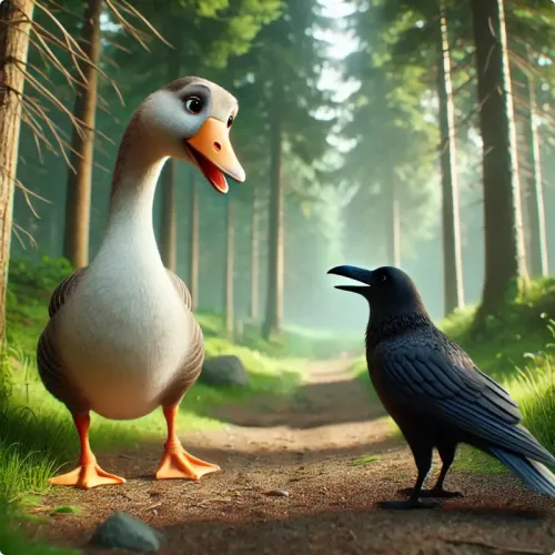 Colorful illustration of The Raven and the Goose - a fable