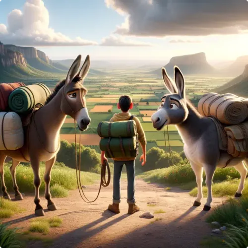 Colorful illustration of The Donkey and the Mule - a fable