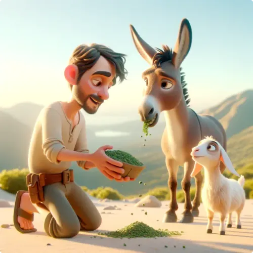 Colorful illustration of The Goat and The Donkey - a fable
