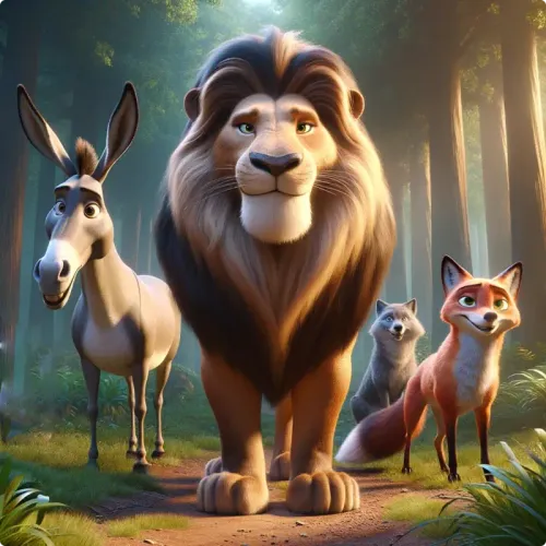 Colorful illustration of The Wild Donkey and The Lion - a fable