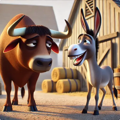 Colorful illustration of The Tale of the Bull and the Donkey - a fable