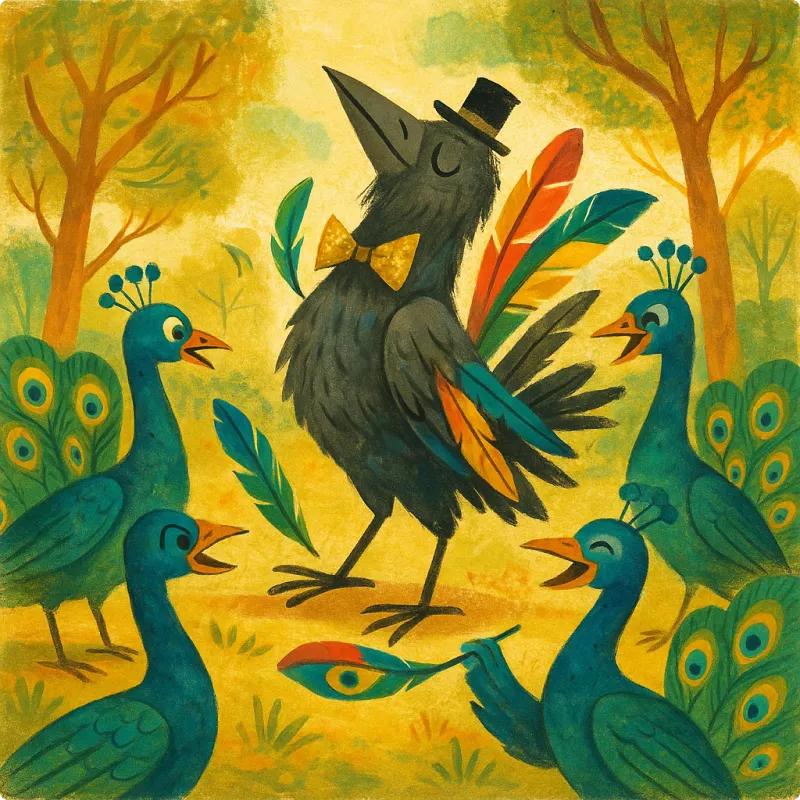 A Jackdaw and Peacock Feathers